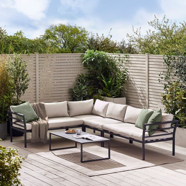 FurnitureboxUK Montenegro White Metal 6 Seat Outdoor Garden Sofa Set, Taupe Cushions, 6 seat corner sofa + metal coffee table in Grey - image 1