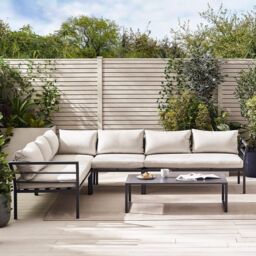 FurnitureboxUK Montenegro White Metal 6 Seat Outdoor Garden Sofa Set, Taupe Cushions, 6 seat corner sofa + metal coffee table in Grey - thumbnail 2