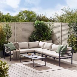 FurnitureboxUK Montenegro White Metal 6 Seat Outdoor Garden Sofa Set, Taupe Cushions, 6 seat corner sofa + metal coffee table in Grey