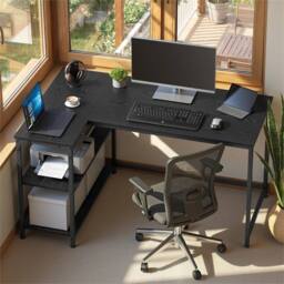 Nordara L Shaped Corner Desk Computer Gaming Desk with Storage Ebony Black - Size: 100 cm x 100 cm - thumbnail 4