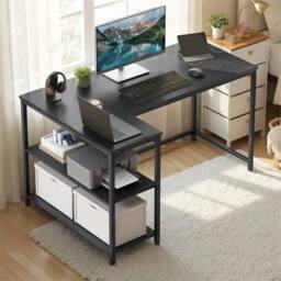Nordara L Shaped Corner Desk Computer Gaming Desk with Storage Ebony Black - Size: 100 cm x 100 cm - thumbnail 3
