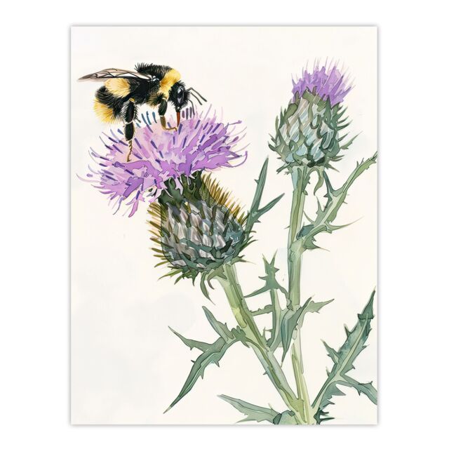 "Artery8 Watercolour Bumblebee on Scottish Thistle Flower Wall Art Print in Green - Size: W24"" x H32""" - image 1