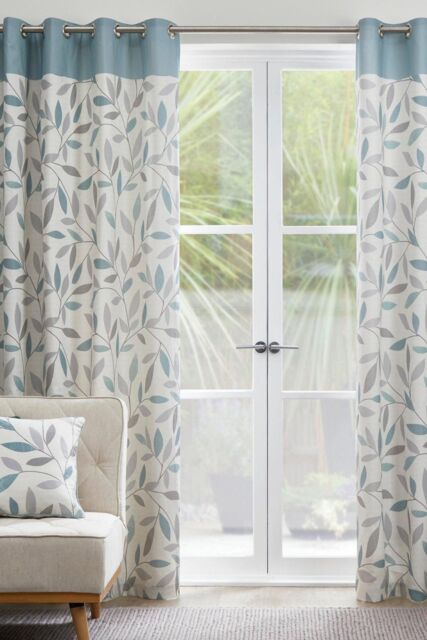 Fusion 'Beechwood' Leaf Trail Pair of 100% Cotton Eyelet Curtains in Duck Egg Blue - Size: 168 cm width x 137 cm drop - image 1
