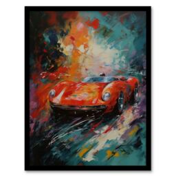 Artery8 Wall Art Print Red Classic Sports Car Oil Painting Colourful Sleek For Him Fan Man Cave Art Framed - Size: A4 - thumbnail 1