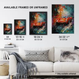 Artery8 Wall Art Print Red Classic Sports Car Oil Painting Colourful Sleek For Him Fan Man Cave Art Framed - Size: A4 - thumbnail 3