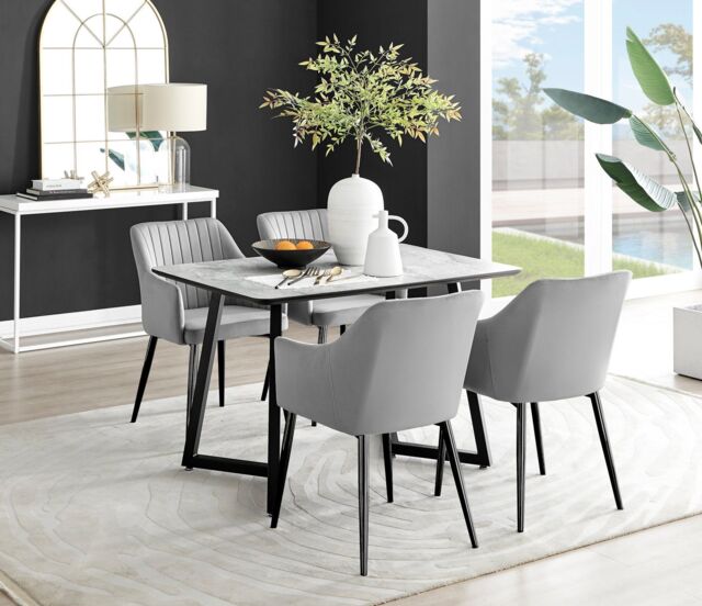 FurnitureboxUK Carson White Marble Effect Dining Table & 4 Calla Black Leg Chairs in Grey - image 1