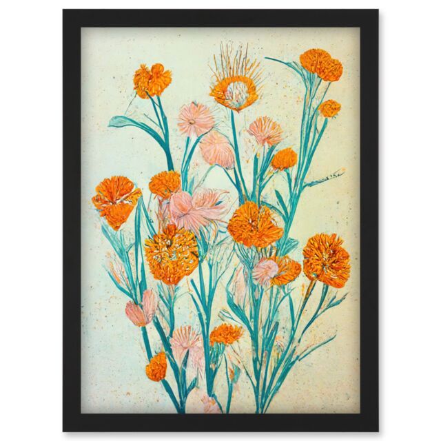Artery8 Boho Marigold Flowers Teal Orange Painting Artwork Framed Wall Art Print A4 in Black - image 1