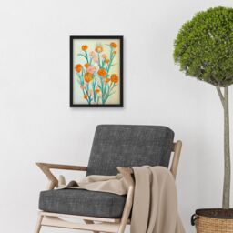 Artery8 Boho Marigold Flowers Teal Orange Painting Artwork Framed Wall Art Print A4 in Black - thumbnail 2