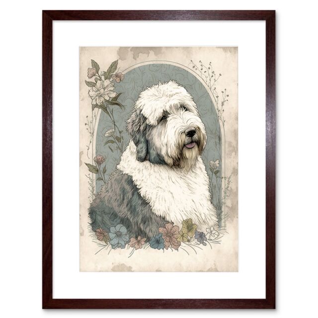 "Artery8 Wall Art Print English Sheepdog with Flower Blooms Boho Portrait Watercolour Artwork Framed 9X7 Inch in Brown - Size: W7"" x H9""" - image 1
