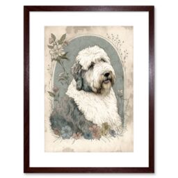 "Artery8 Wall Art Print English Sheepdog with Flower Blooms Boho Portrait Watercolour Artwork Framed 9X7 Inch in Brown - Size: W7"" x H9""" - thumbnail 1