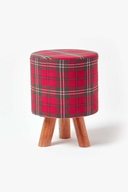 Homescapes Tartan Fabric Footstool with Wooden Legs in Red - image 1