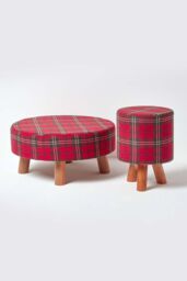 Homescapes Tartan Fabric Footstool with Wooden Legs in Red - thumbnail 5