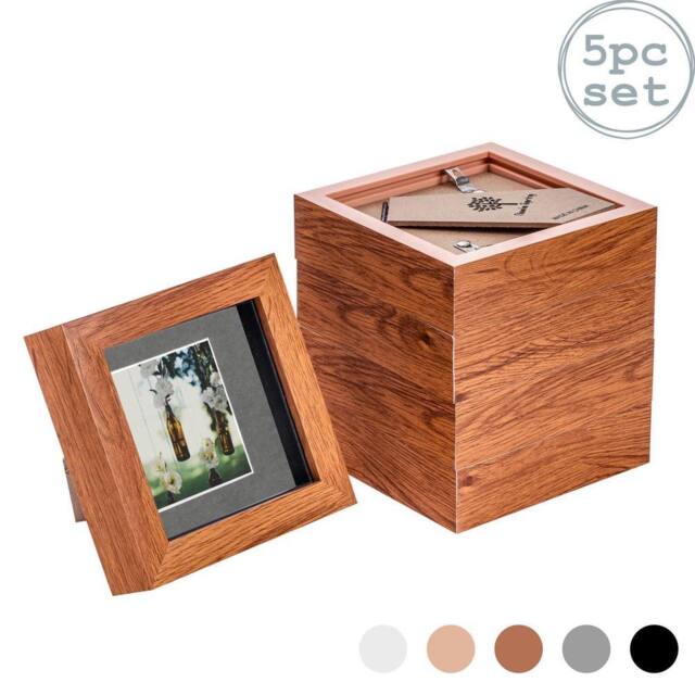 "Nicola Spring 3D Box Photo Frames - 4 x 4"" with 2 x 2"" Mount - White Mount - Pack of 5 in Dark Brown" - image 1
