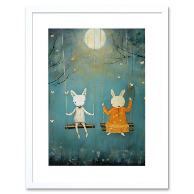 "Artery8 Wall Art Print Rabbits on a Swing with Moonlit Butterflies Calming Baby Nursery Artwork Framed 9X7 Inch in White - Size: W7"" x H9""" - image 1