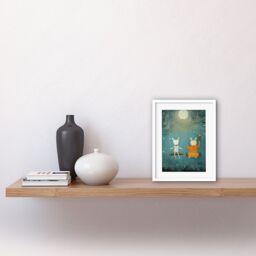 "Artery8 Wall Art Print Rabbits on a Swing with Moonlit Butterflies Calming Baby Nursery Artwork Framed 9X7 Inch in White - Size: W7"" x H9""" - thumbnail 2