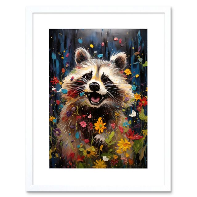 Artery8 Wall Art Print Racoon Romp Playing in a Wildflower Meadow Oil Painting Running Through Flowers in Spring Quirky Portrait Artwork Framed 9X7 - image 1