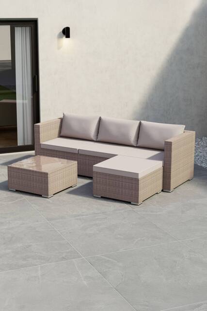 HD Designs 4 Seater Rattan Cushioned Sofa with Table Fabric Garden Furniture Set in Natural - image 1