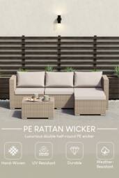 HD Designs 4 Seater Rattan Cushioned Sofa with Table Fabric Garden Furniture Set in Natural - thumbnail 3