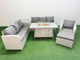 Fimous 8 Seater Poly Rattan Outdoor Garden Furniture Firepit Dining Table Sofa Set Patio 3 Seater Sofa Reclining Chair 3 Seater Sofa Big Footstool - thumbnail 1
