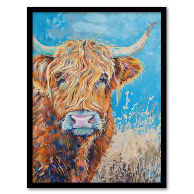 Artery8 Highland Cow Oil Portrait Scottish Summer Framed Art Print in Blue - Size: A4 - image 1