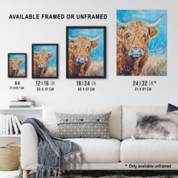 Artery8 Highland Cow Oil Portrait Scottish Summer Framed Art Print in Blue - Size: A4 - thumbnail 3
