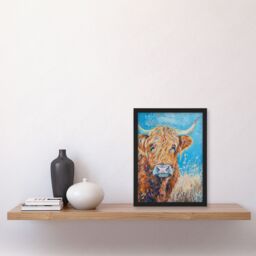 Artery8 Highland Cow Oil Portrait Scottish Summer Framed Art Print in Blue - Size: A4 - thumbnail 4