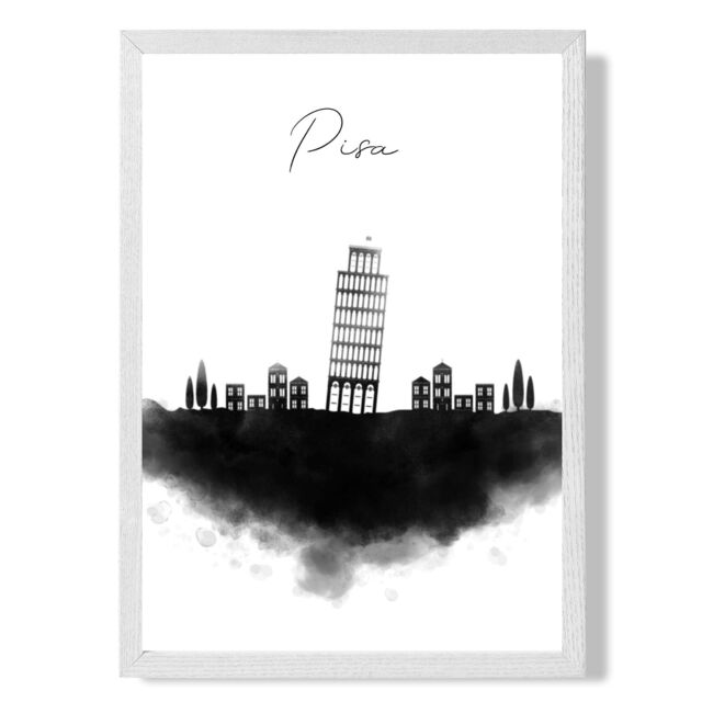 ARTZE Pisa Watercolour Skyline City Framed Print SIZE: A2 with White Frame in Black - Size: A4 - image 1