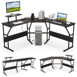 Costway L shaped Desk Long 2 Person Corner Computer Desk with Monitor Stand in Black