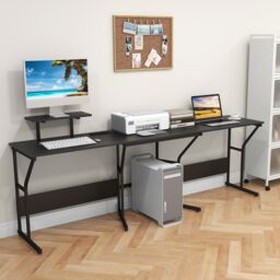 Costway L shaped Desk Long 2 Person Corner Computer Desk with Monitor Stand in Black - thumbnail 4