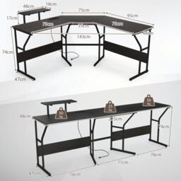 Costway L shaped Desk Long 2 Person Corner Computer Desk with Monitor Stand in Black - thumbnail 2