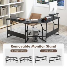 Costway L shaped Desk Long 2 Person Corner Computer Desk with Monitor Stand in Black - thumbnail 6