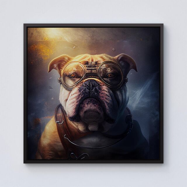Warren Reed - Designer Bulldog With Glasses Splashart Golden Framed Canvas in Black - Size: w40 inch x h40 inch - image 1