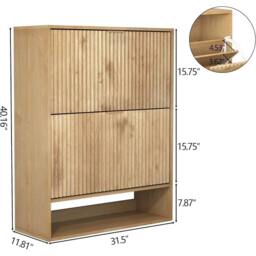 Havendro Narrow Freestanding Shoe Cabinet 2 Flip Drawers Side Hooks in Natural - thumbnail 2