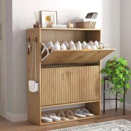 Havendro Narrow Freestanding Shoe Cabinet 2 Flip Drawers Side Hooks in Natural - thumbnail 1