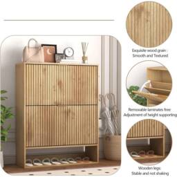 Havendro Narrow Freestanding Shoe Cabinet 2 Flip Drawers Side Hooks in Natural - thumbnail 3