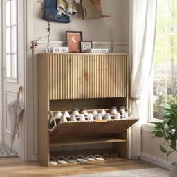 Havendro Narrow Freestanding Shoe Cabinet 2 Flip Drawers Side Hooks in Natural - thumbnail 5