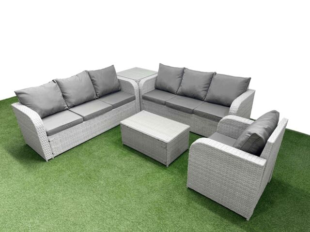 Fimous 7 Seater Poly Rattan Outdoor Garden Furniture Sofa Set Patio 3 Seater Sofa Reclining Chair 3 Seater Sofa Side Table Light Grey - image 1