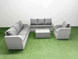 Fimous 7 Seater Poly Rattan Outdoor Garden Furniture Sofa Set Patio 3 Seater Sofa Reclining Chair 3 Seater Sofa Side Table Light Grey - thumbnail 2