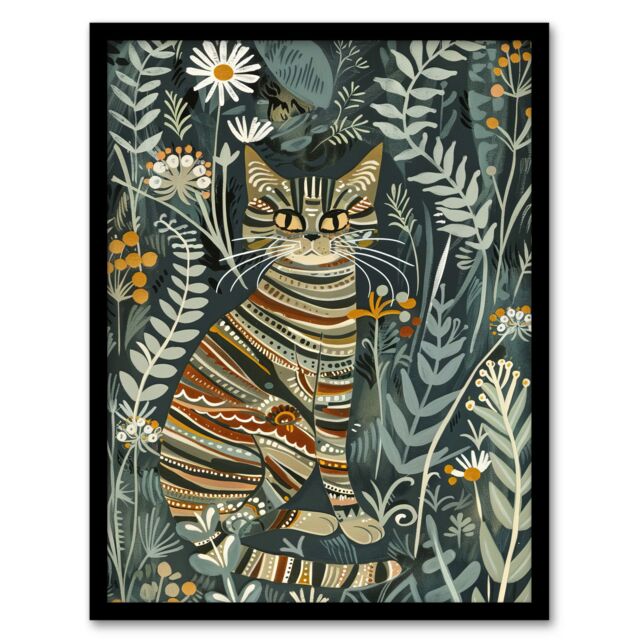"Artery8 Striped Cat in Floral Botanical Garden Folk Art Framed Art Print in Blue - Size: W12"" x H16""" - image 1