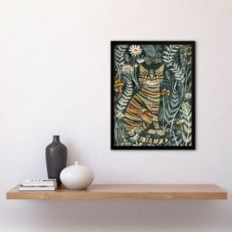 "Artery8 Striped Cat in Floral Botanical Garden Folk Art Framed Art Print in Blue - Size: W12"" x H16""" - thumbnail 4