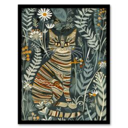 "Artery8 Striped Cat in Floral Botanical Garden Folk Art Framed Art Print in Blue - Size: W12"" x H16""" - thumbnail 1