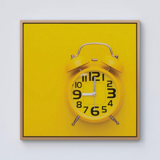 "Warren Reed - Designer Yellow Alarm Clock Framed Canvas in Light Brown - Size: W16"" x H16""" - image 1