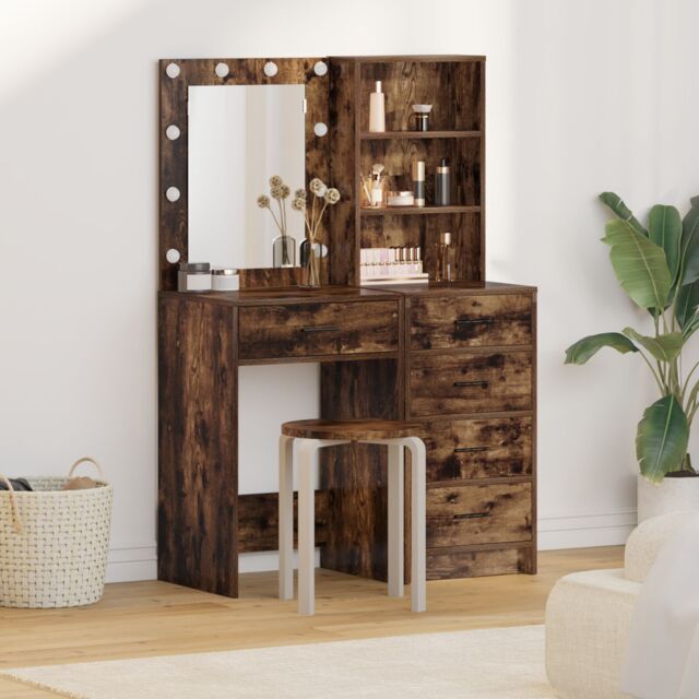 Berkfield Home 2 Piece Dressing Table Set with LED Smoked Oak Engineered Wood in Brown - image 1