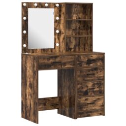 Berkfield Home 2 Piece Dressing Table Set with LED Smoked Oak Engineered Wood in Brown - thumbnail 2