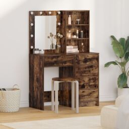 Berkfield Home 2 Piece Dressing Table Set with LED Smoked Oak Engineered Wood in Brown