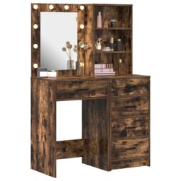Berkfield Home 2 Piece Dressing Table Set with LED Smoked Oak Engineered Wood in Brown - thumbnail 3