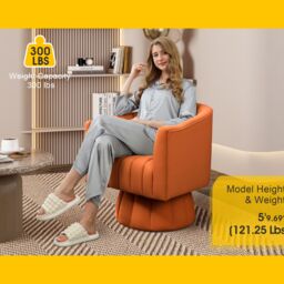 SEYNAR Velvet Swivel Barrel Chair with Round Arms & Upholstered Seat in Orange - thumbnail 2