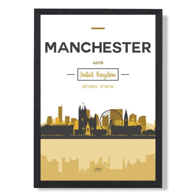 ARTZE Manchester Yellow & Black City Skyline Framed Print SIZE: A3 with Black Frame - Size: A4 - image 1