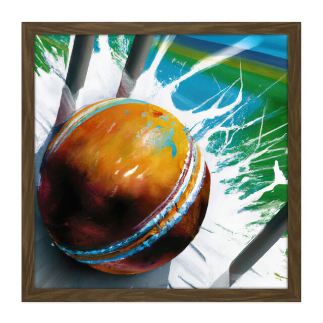 "Artery8 Wall Art Print Cricket Ball Hits Wickets Spin Bowler Dynamic Sports Splatter Painting Square Framed Picture 16X16 Inch - Size: W16"" x H16""" - image 1