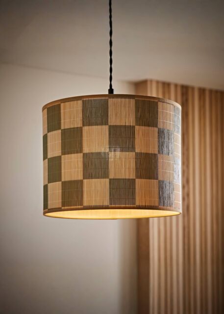 ValueLights Lori Green Checkerboard Bamboo Drum Easy Fit Ceiling Light Lamp Shade in Pale Green - image 1